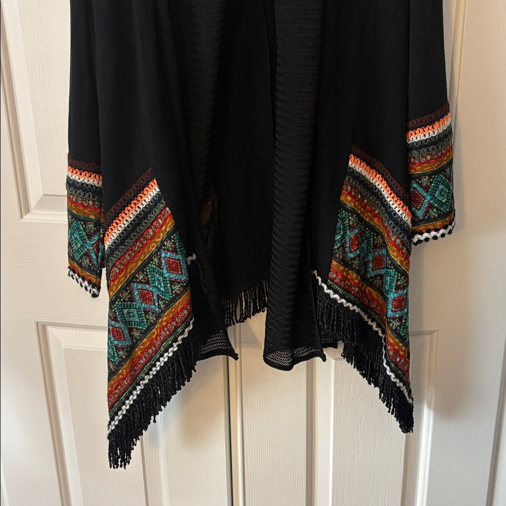 NWT ADORE Brand Bohemian Black Open Front Cardigan with Gorgeous Colorful Trim - Picture 8 of 17